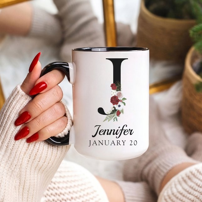 Personlig mugg med blommönster och monogram - föde (Personalized Floral Alphabet Mug Gift for Mom, Teacher, Nurse, Doctor, Coworker, Boss or Bridesmaid)