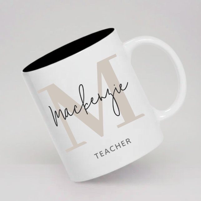 Personlig mugg med monogram - examenspresent för h (Personalized Greige Monogram Mug Graduation Birthday Gift for Her, Him, Friends or Coworkers)