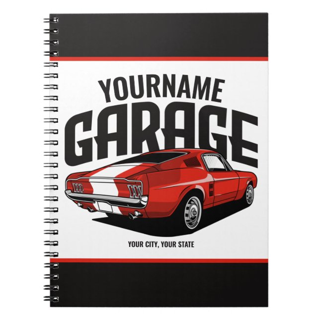 Personlig Muscle Car 1967 Red Fastback Garage Anteckningsbok (Framsidan)