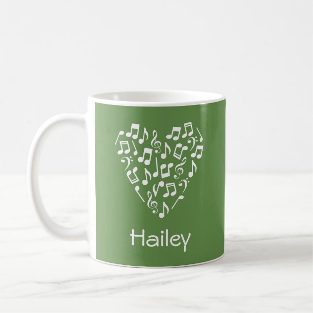 Personlig Music Heart (Grönt med vitanteckningar) Kaffemugg (Vänster)