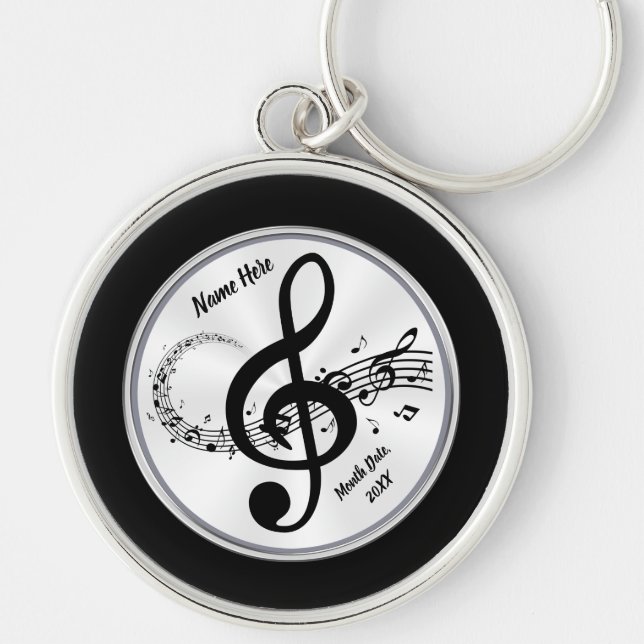 Personlig Music Keychain, Treble Clef Rund Silverfärgad Nyckelring (Framsidan)