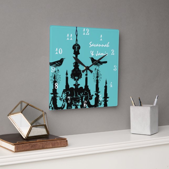 Personlig Mustard Gult Chandelier Bird Clock Fyrkantig Klocka (Kontor)