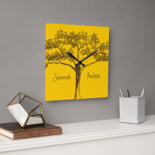 Personlig Mustard Gult Vintage Träd Clock Fyrkantig Klocka