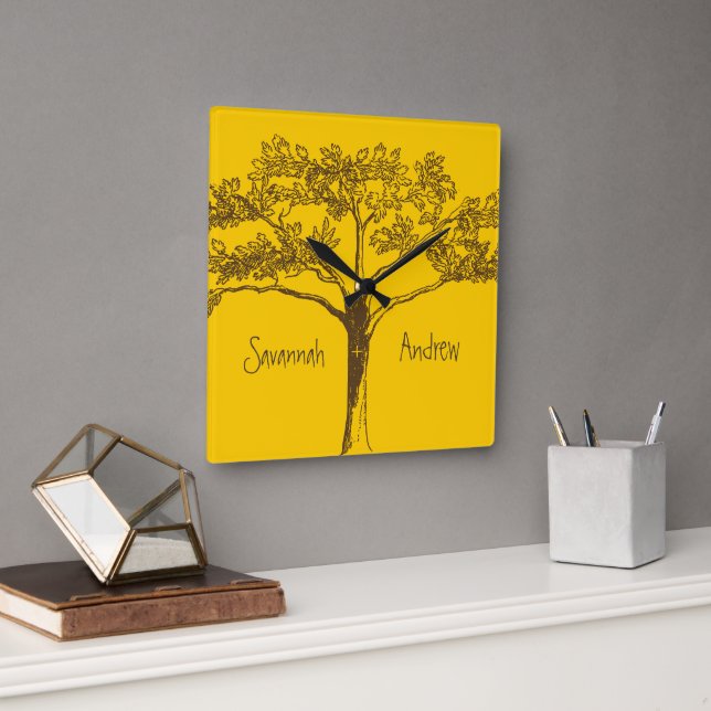 Personlig Mustard Gult Vintage Träd Clock Fyrkantig Klocka (Kontor)