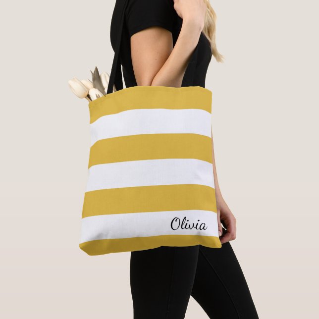 Personlig Mustard och White Stripe Tote Tygkasse (Närbild)
