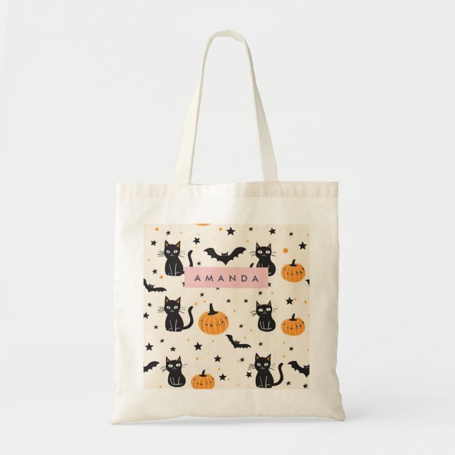 Personlig Mysigt Fall Halloween Black Cat Pumpkin Tygkasse (Framsidan)