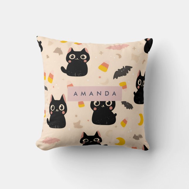 Personlig Mysigt Fall Halloween Cute Black Cat Kudde (Framsida)