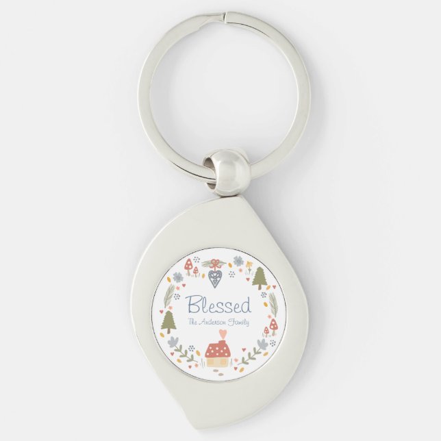 Personlig: Mysigt Land Cottage Hygge Swirl Silverfärgad Nyckelring (Framsidan)