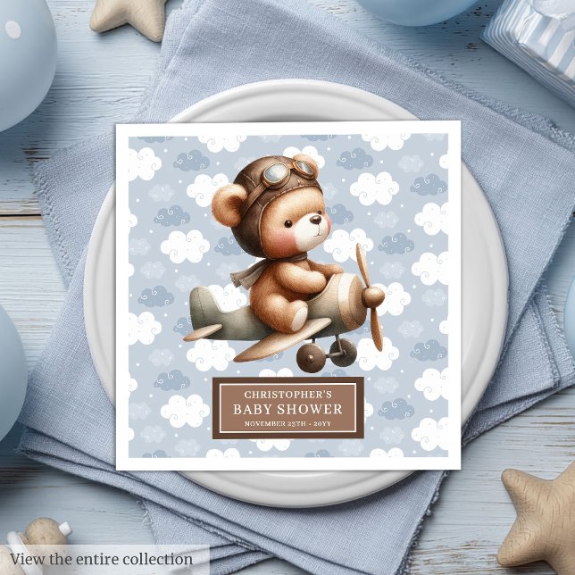 Personlig Nalle Pilot Baby Shower Party Pappersservett (Personalized Teddy Bear Pilot Baby Shower Party Napkins)