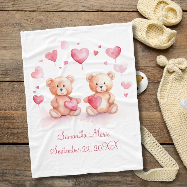 Personlig Nalle Rosa Red Hearts Baby Fleecefilt (Personalized Teddy Bears Red Hearts Baby Blanket for baby girl. New baby gift Baby shower gift)