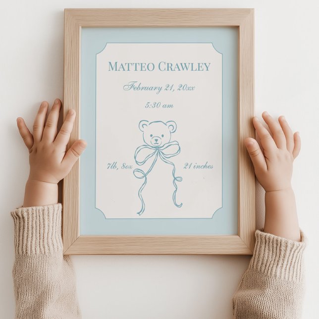 Personlig Nallebjörn Blå Födelseinfoaffisch Poster (Personalized Teddy Bear Blue Birth Info Poster)