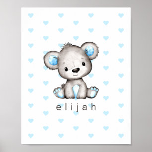 Personlig nallebjörn för babypojkar Blå hjärtan Poster