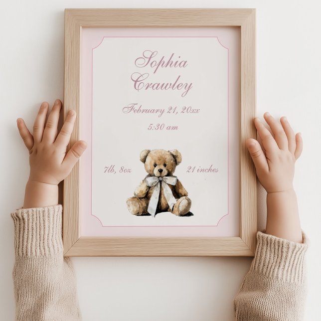 Personlig Nallebjörn Rosa Födelseinfoaffisch Poster (teddy bear birth poster, pink nursery wall art, baby girl birth print, personalized baby poster, new)