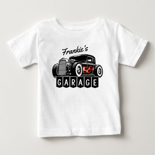 Personlig NAME Racing Flames Hot Rod Garage T Shirt (Framsida)