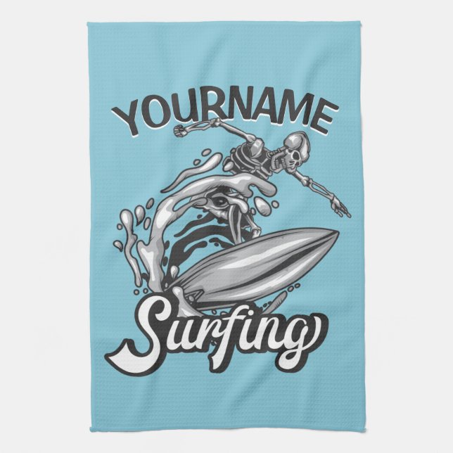 Personlig NAME Surfare Stor Våg Skelett Surfning Kökshandduk (Vertikal)