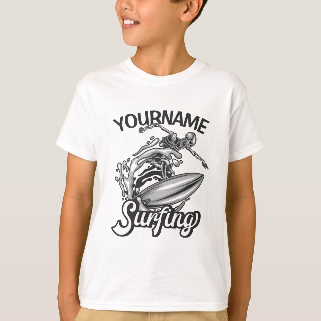 Personlig NAME Surfare Stor Våg Skelett Surfning T Shirt (Framsida)