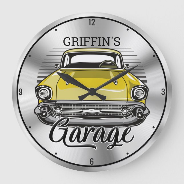Personlig NAMN American Classic Car Garage Stor Klocka (Framsida)