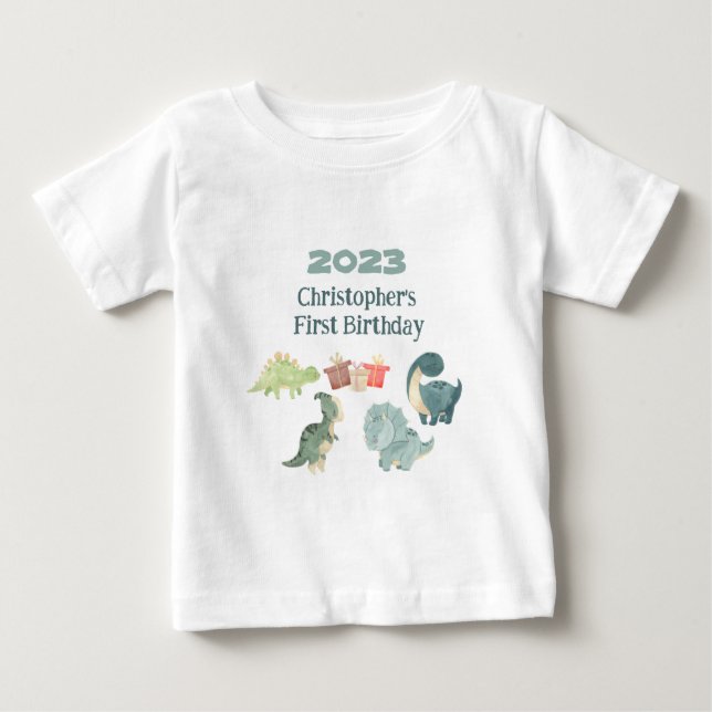 Personlig Namn År Första Födelsedag Baby Dino T Shirt (Framsida)