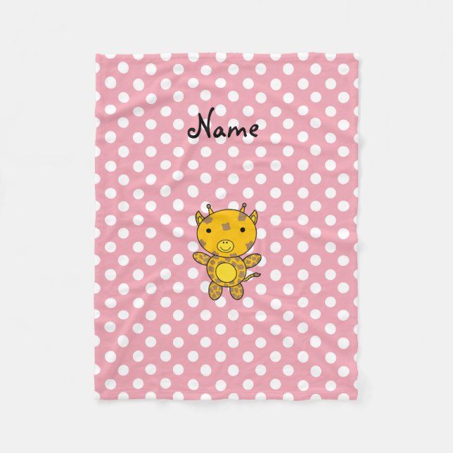 Personlig namn baby giraffe rosa polka dots fleecefilt (Framsidan)