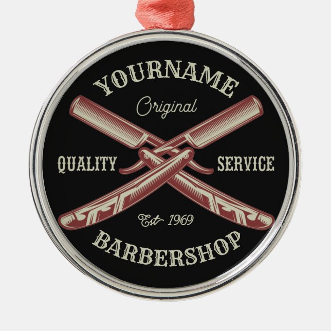 Personlig NAMN Barber Rak Razor Barbershop Julgransprydnad Metall (Framsidan)