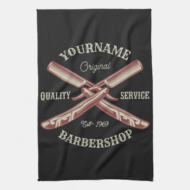 Personlig NAMN Barber Rak Razor Barbershop Kökshandduk (Vertikal)