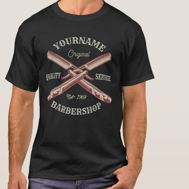 Personlig NAMN Barber Rak Razor Barbershop T Shirt (Skapare uppladdad)