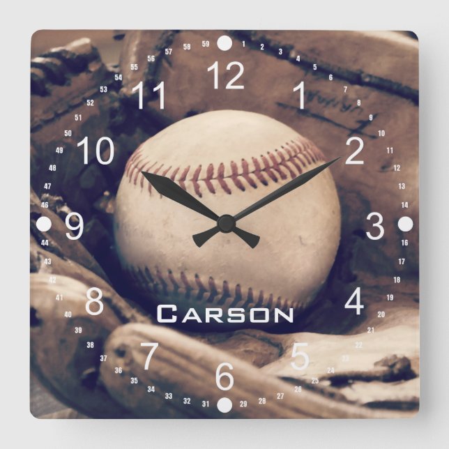 Personlig Namn Baseball in i Glove Wall Clock Fyrkantig Klocka (Framsida)