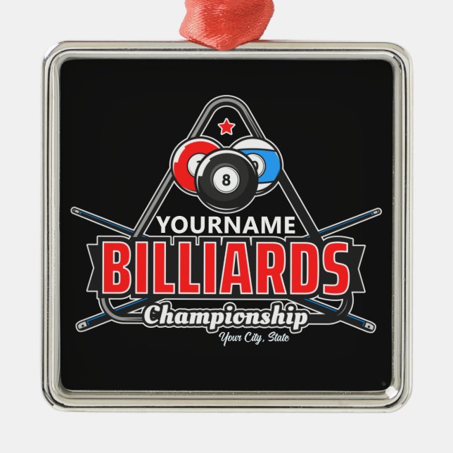 Personlig NAMN Billiards 8 Boll Bassäng Cue Rack Julgransprydnad Metall (Framsidan)