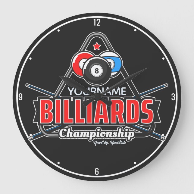Personlig NAMN Billiards 8 Boll Bassäng Cue Rack Stor Klocka (Framsida)
