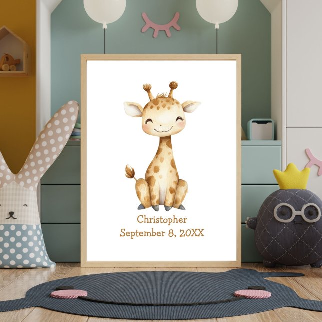 Personlig Namn Birthday Giraffe Nursery Baby Poster (Personalized Birth Stats Giraffe Baby Nursery poster print. Printed or Digital Download Art)