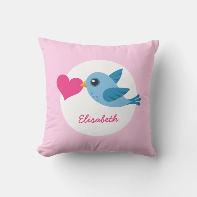 Personlig namn blå kärleksfågel med rosa hjärta kudde (Framsida)