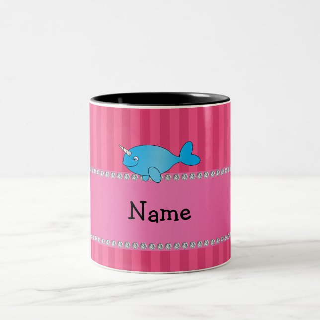 Personlig namn blå narvala rosa rand Två-Tonad mugg (Center)