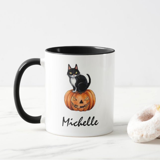 Personlig Namn Black Cat & Pumpkin Halloween Mugg (Med munk)