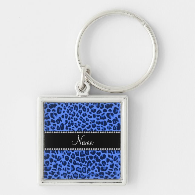 Personlig namn (blåleopard) fyrkantig silverfärgad nyckelring (Framsidan)