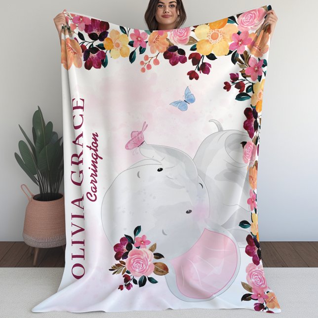 Personlig Namn Blanket med Elephant + Flowers Fleecefilt (Personalized Name Blanket with Elephant + Flowers (L))