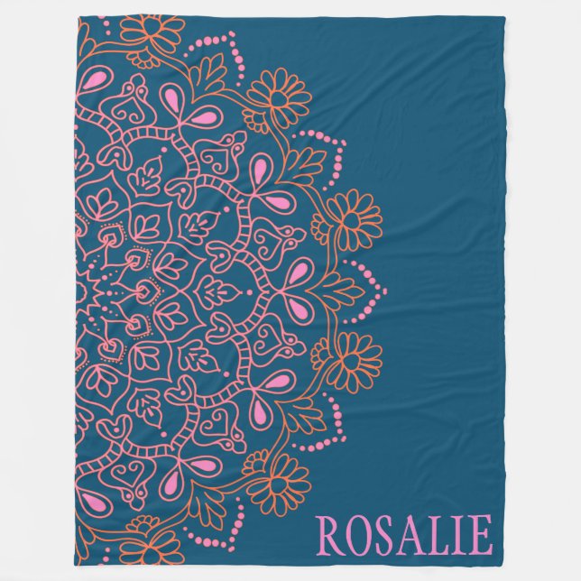 Personlig Namn Blommigt Mandala Blue Rosa Unik Fleecefilt (Framsidan)