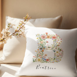 Personlig Namn & Blommigt Monogram "B" Kudde