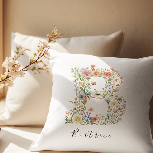 Personlig Namn & Blommigt Monogram "B" Kudde (Skapare uppladdad)