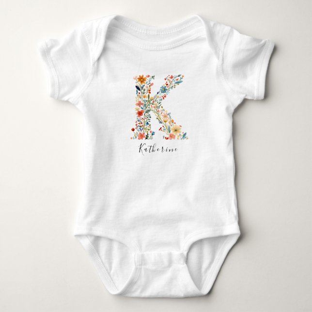 Personlig Namn & Blommigt Monogram "K" T Shirt (Framsida)