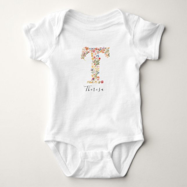 Personlig Namn Blommigt &Monogram 'T' T Shirt (Framsida)