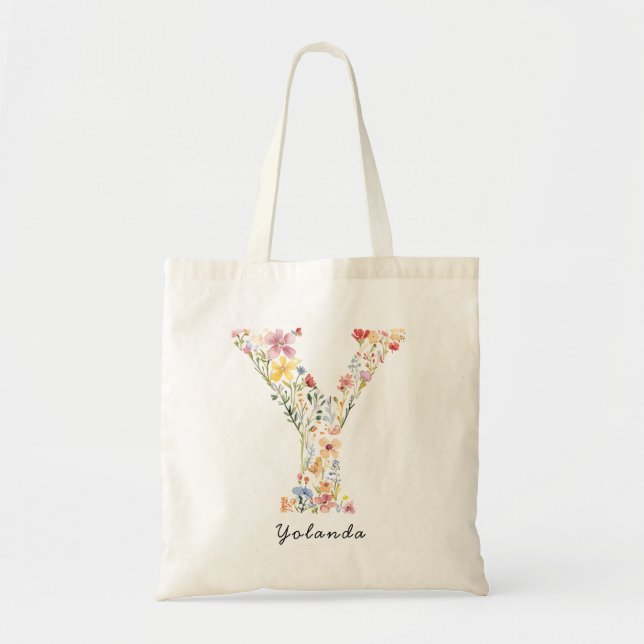 Personlig Namn & Blommigt Monogram "Y" Tygkasse (Framsidan)