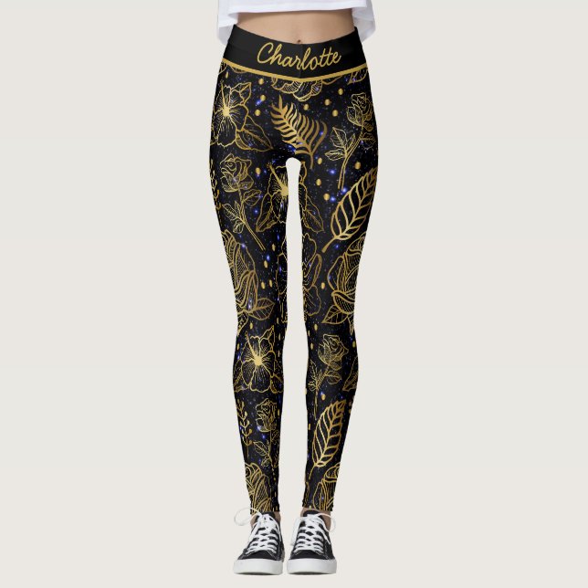 Personlig namn blommigt, sömlös mönster guld leggings (Framsida)