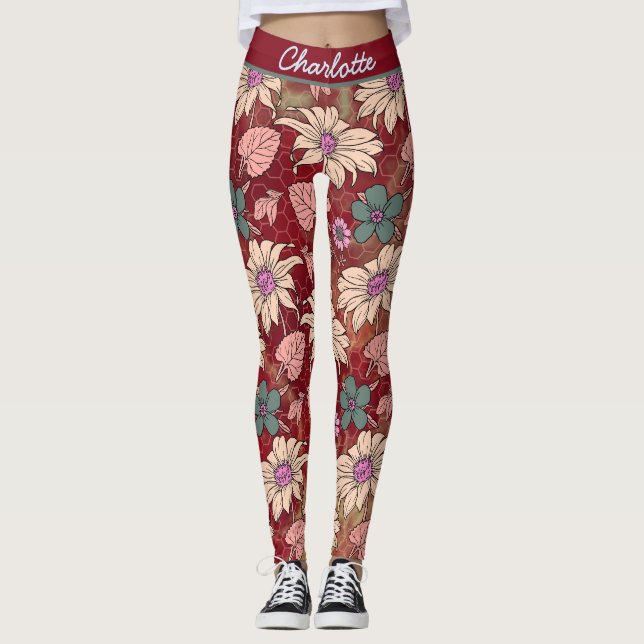Personlig namn blommigt sömlös mönster röd leggings (Framsida)