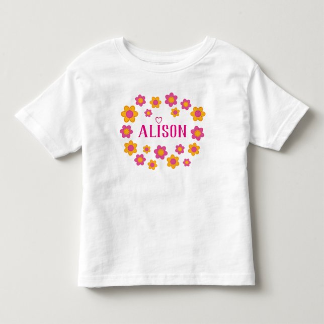 Personlig namn blommigt vår, rosa gult t shirt (Framsida)