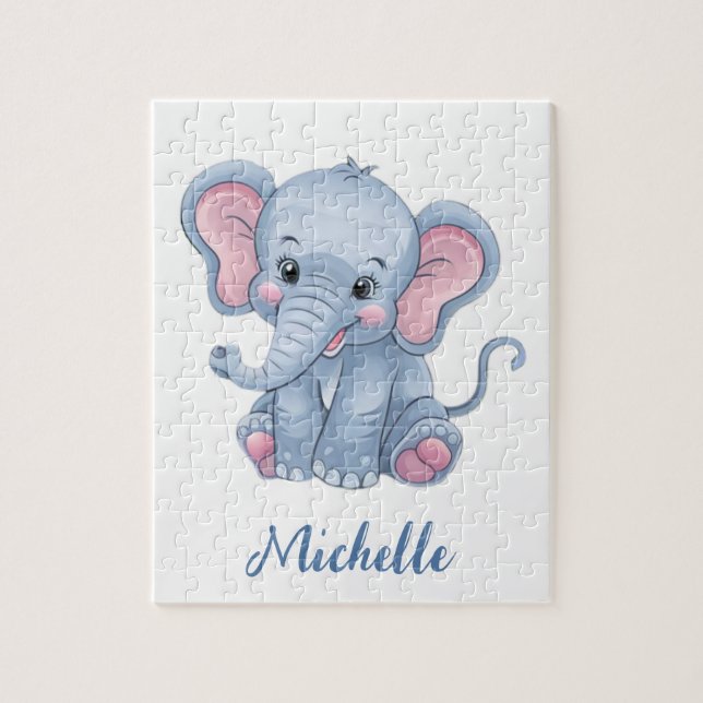 Personlig Namn Blue Eephant Girl Pussel (Vertikal)