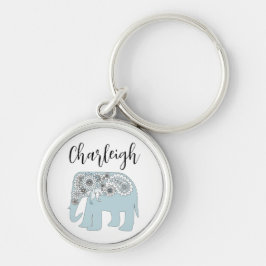 Personlig Namn Blue Paisley Elephant Rund Silverfärgad Nyckelring