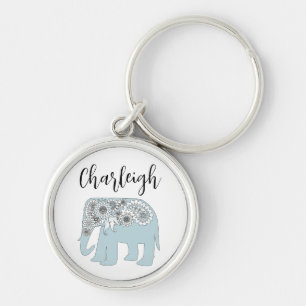 Personlig Namn Blue Paisley Elephant Rund Silverfärgad Nyckelring