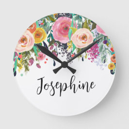 Personlig Namn Boho Blommigt Bedroom Nursery Art Rund Klocka