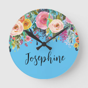 Personlig Namn Boho Blommigt Bedroom Nursery Art Rund Klocka