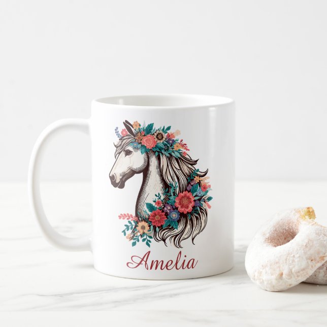 Personlig Namn Boho Horse with Flowers Kaffemugg (Med munk)
